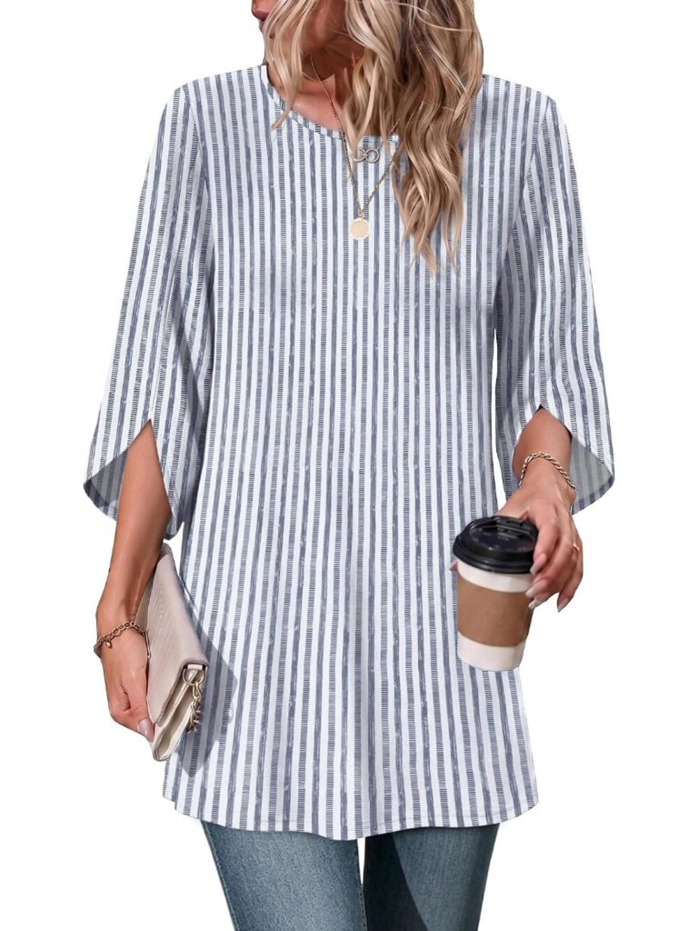 Women's Blue Stripe 3 4 Length Sleeve Crew Neck Casual Tops Imported T Shirts